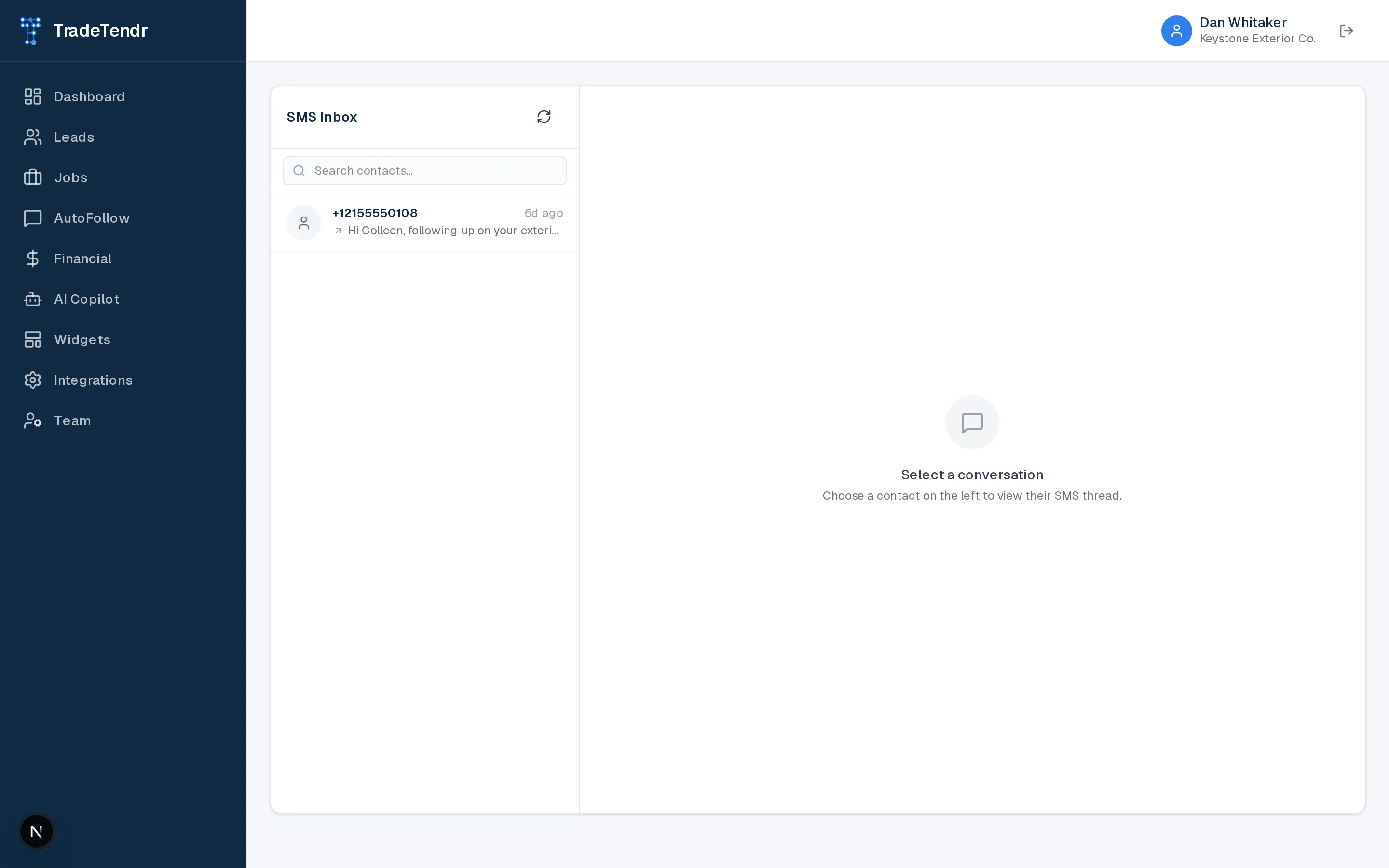 AutoFollow message inbox showing a conversation thread with a homeowner
