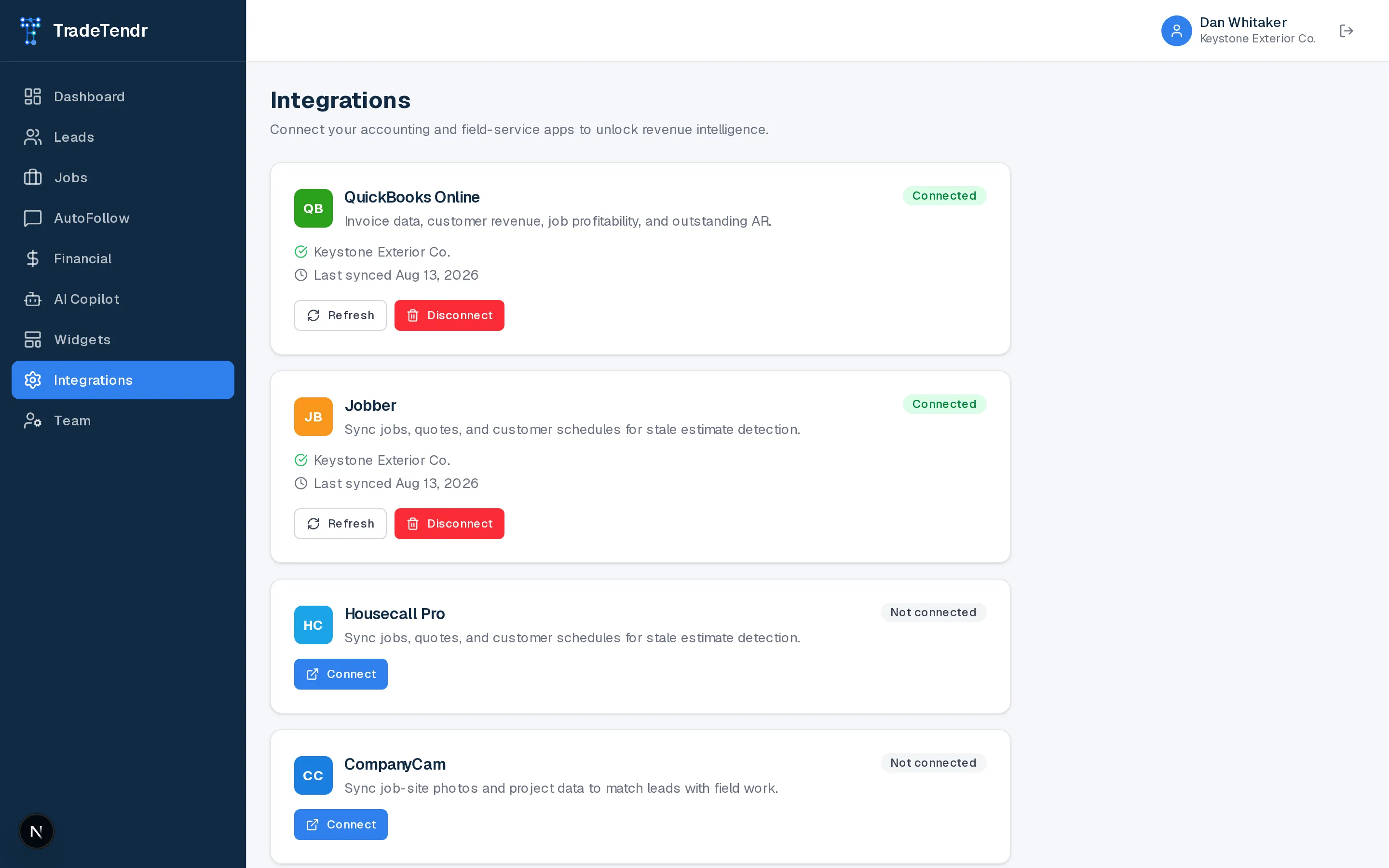Integrations settings page showing connected QuickBooks and Jobber accounts